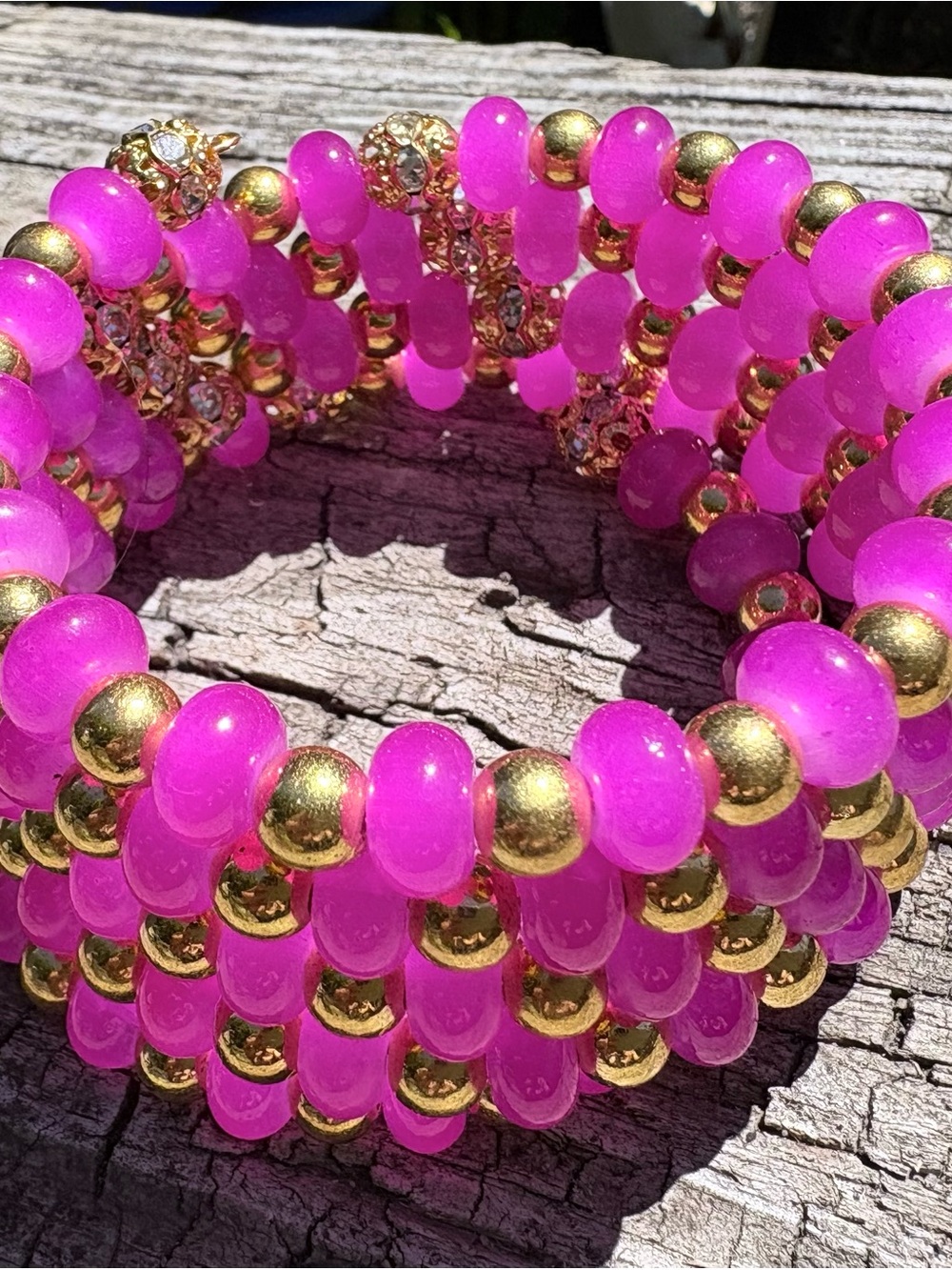Gold and Hot Pink Beaded memory wire  Bracelet - Women Jewelry